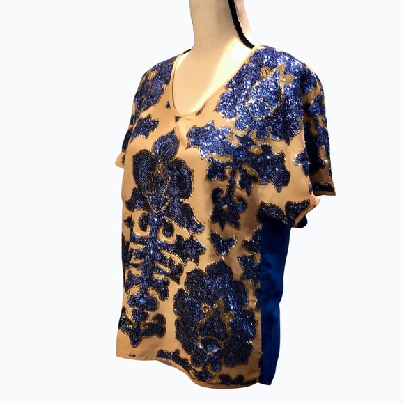 TRACY REESE NEIMAN MARCUS FOR TARGET BEIGE & ROYAL BLUE SEQUIN TOP - Picture 9 of 16